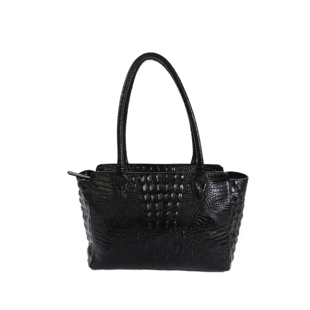 Brahmin WOmens Leather Crocodile Print Zipper Closure Shoulder Handbag Black